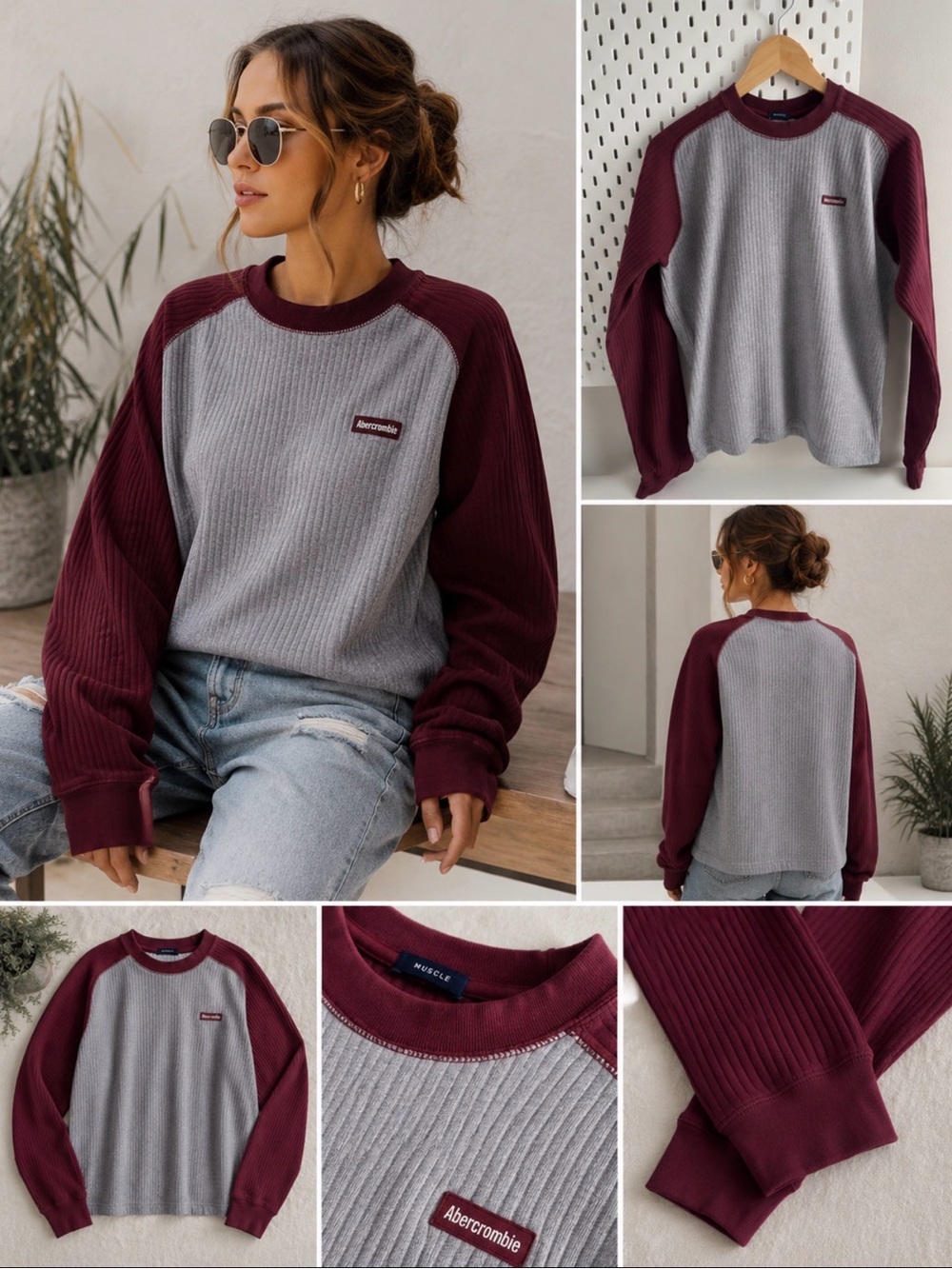 Abercrombie & Fitch Gray Body with Maroon Raglan Sleeve Waffle Knit Sweater